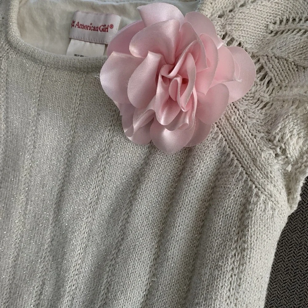 American Girl Sparkle Ivory woven Sz 10 dress A cutie pink brooch & woven ribbon